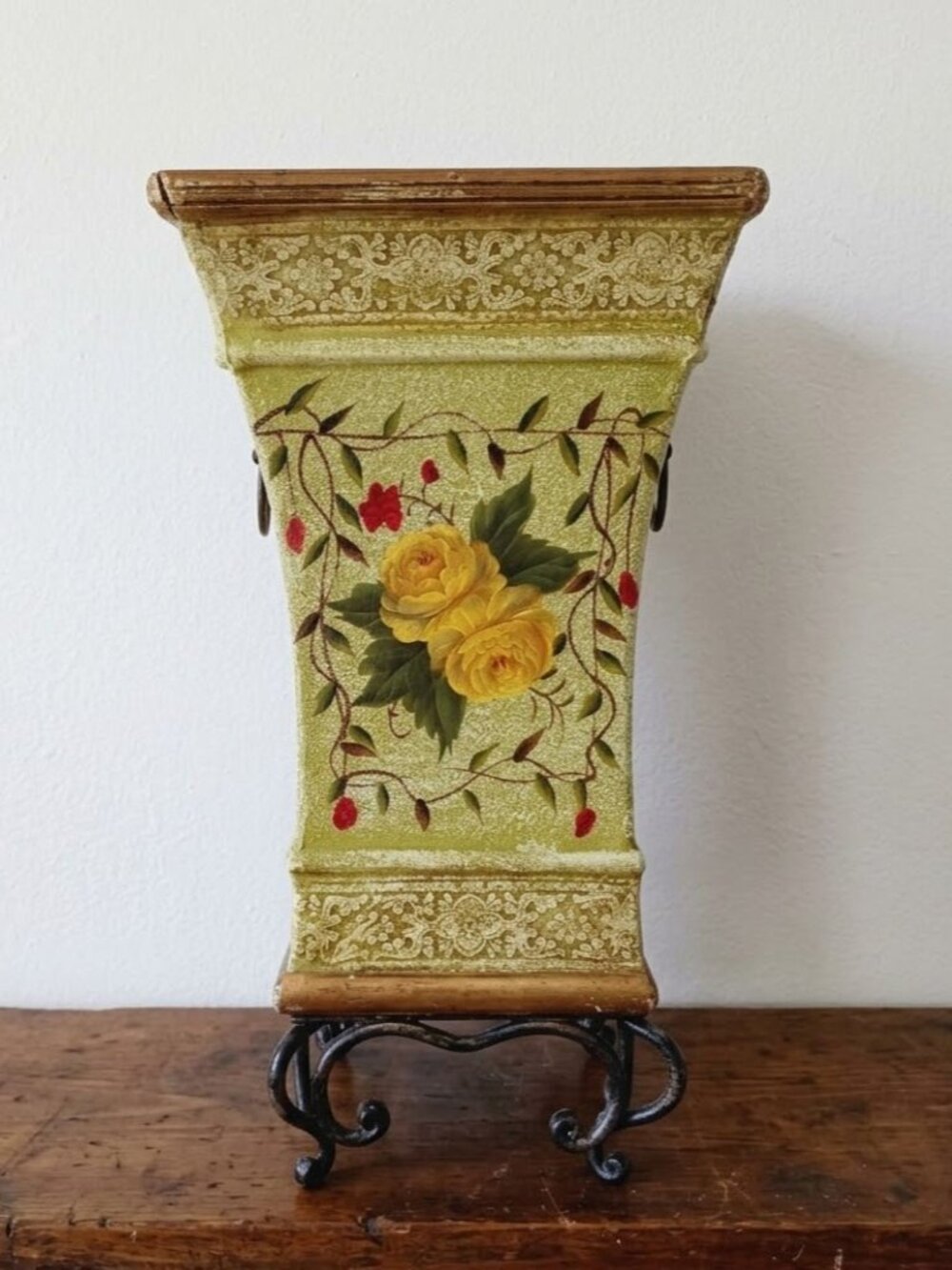 Vintage Shabby Chic Floral Urn Planter Metal Scroll Stand Yellow Roses Handles
